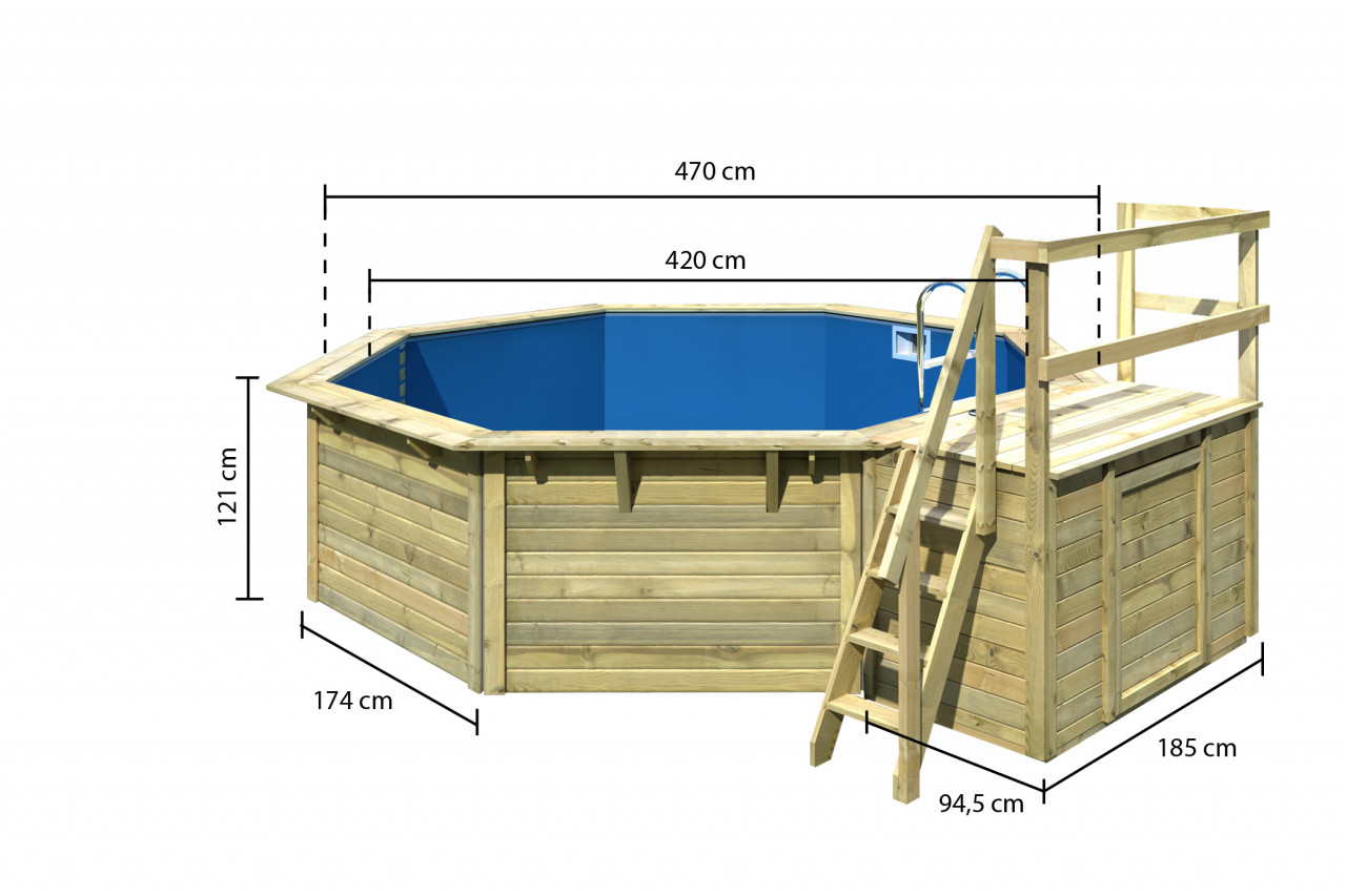 Achteck POOL X1 400 m  470 m  610 m 38 mm Kesseldruckimprägniert 470 x 470 m inkl. Terrasse Filterpaket und Skimmer