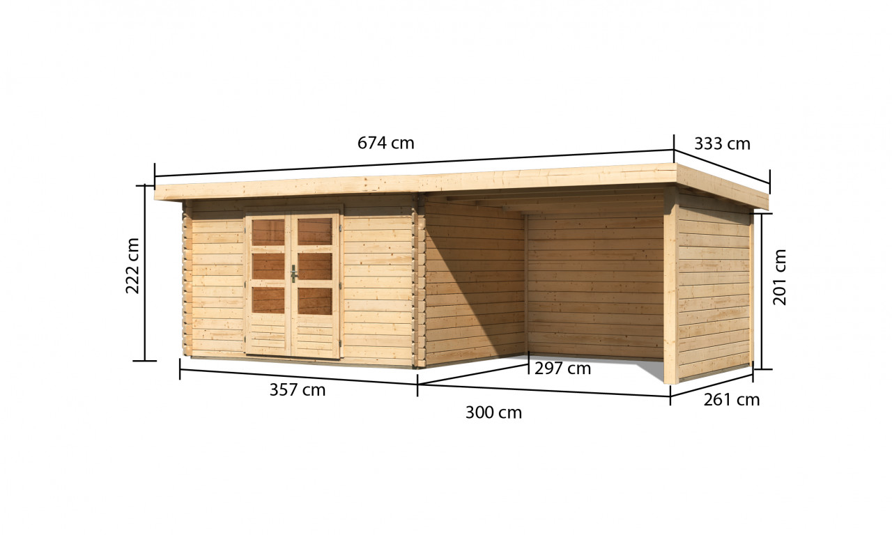 Gartenhaus Holz BASTRUP 7 357 x 297 m 28 mm Blockbohlenhaus Naturbelassen inkl. 300 m Anbaudach + Rück und Seitenwand