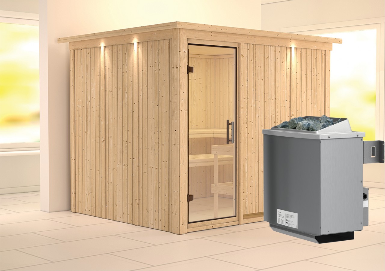 Sauna GOBIN 231 x 196 m 9.0 kW Ofen integr. Steuerung mit Dachkranz Ganzglastür Klarglas