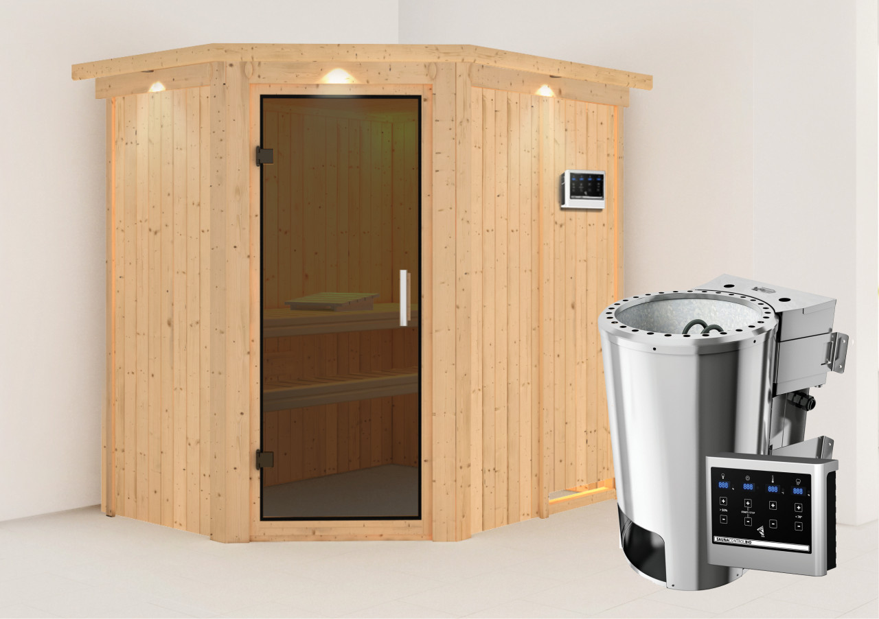 Sauna SAJA 151 x 196 m 3.6 kW BioKombiofen ext. Steuerung mit Dachkranz Ganzglastür graphit