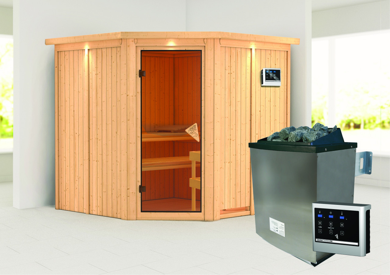Sauna JARIN 196 x 196 m 9.0 kW Ofen inkl. Steuergerät mit Dachkranz Ganzglastür bronziert