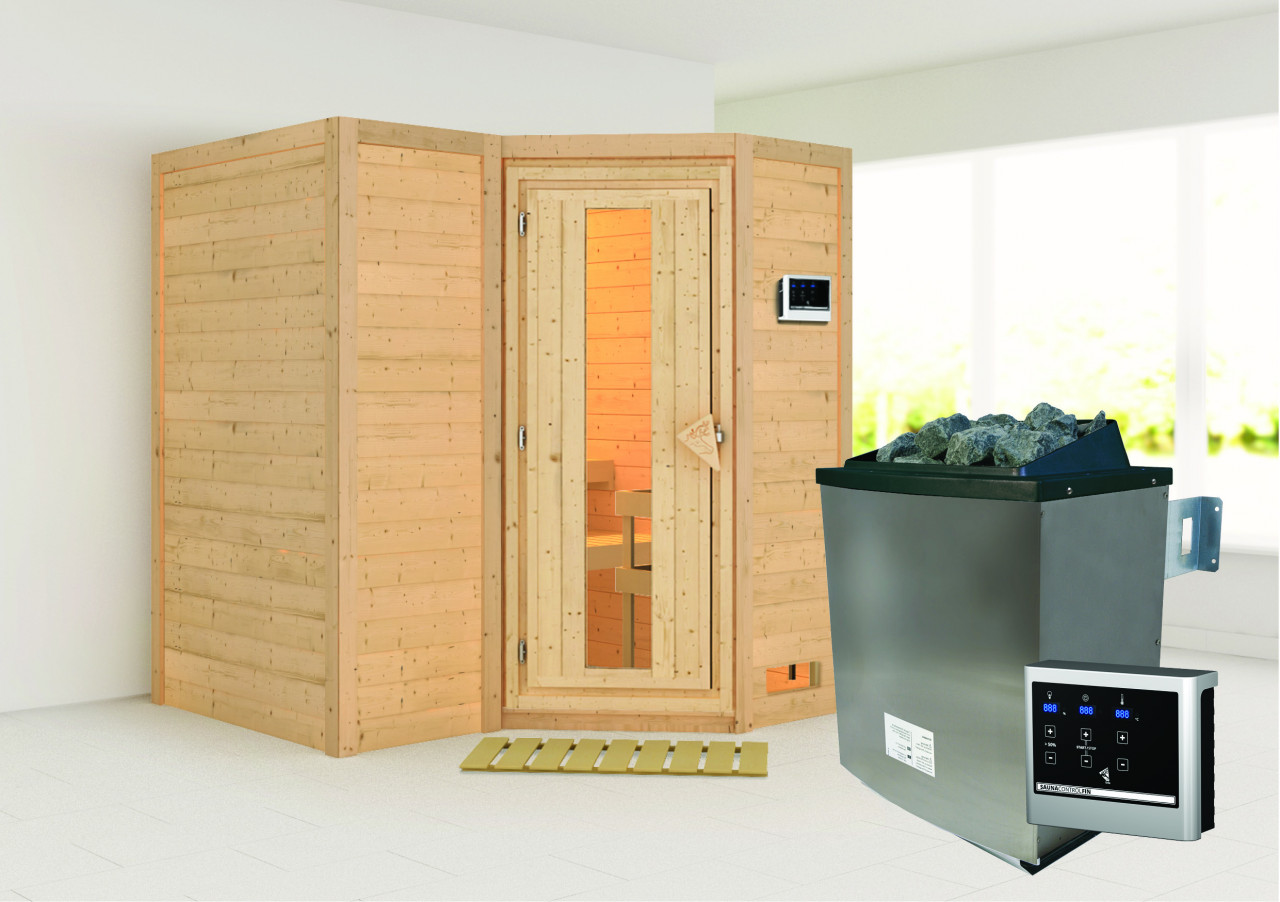 Massivholzsauna SAHIB 1 193 x 184 m 40 mm 9.0 kW Ofen inkl. Steuergerät ohne Dachkranz Energiespartür