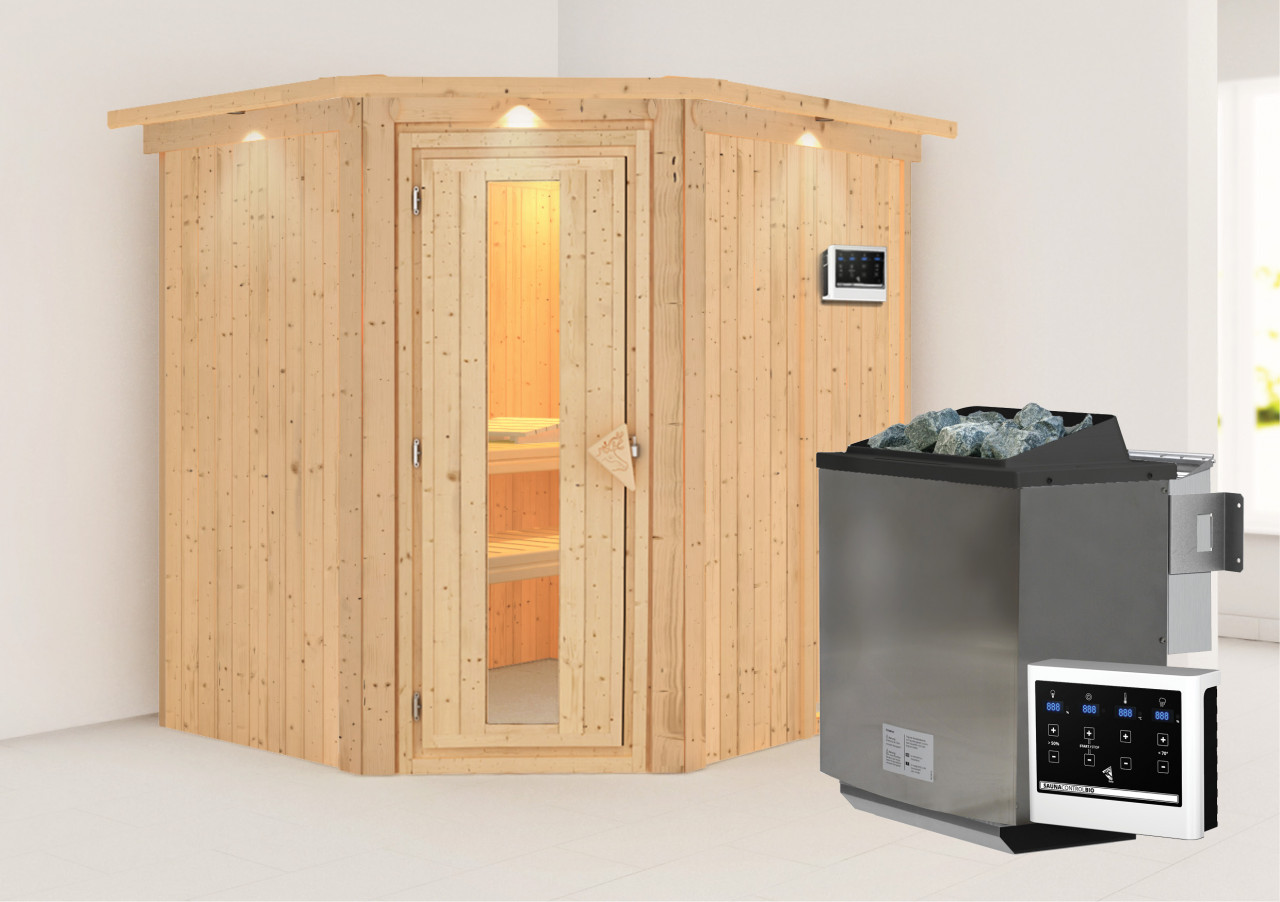 Sauna SIIRIN 196 x 17 m 9.0 kW BioKombiofen inkl. Steuergerät mit Dachkranz Energiespartür