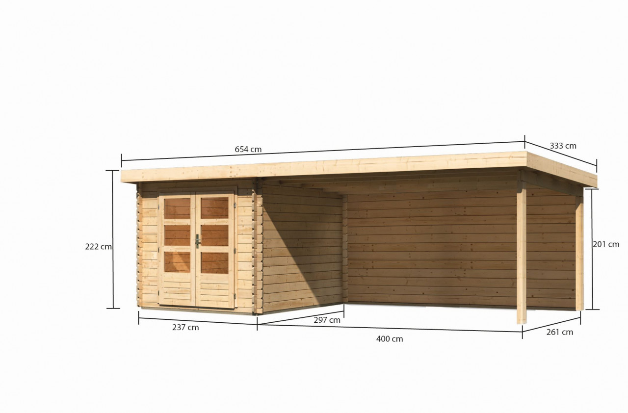 Gartenhaus Holz BASTRUP 4 237 x 297 m 28 mm Blockbohlenhaus Naturbelassen inkl. 400 m Anbaudach + Rückwand