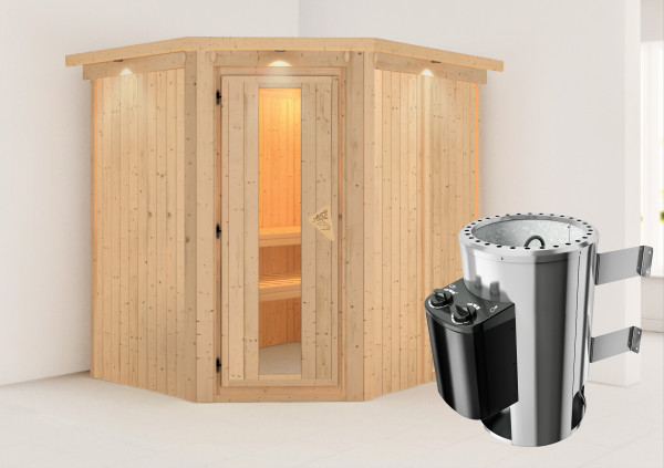 Sauna 230 Volt LOBIN 2,10 x 1,85 m 68 mm mit 3,6 kW Ofen