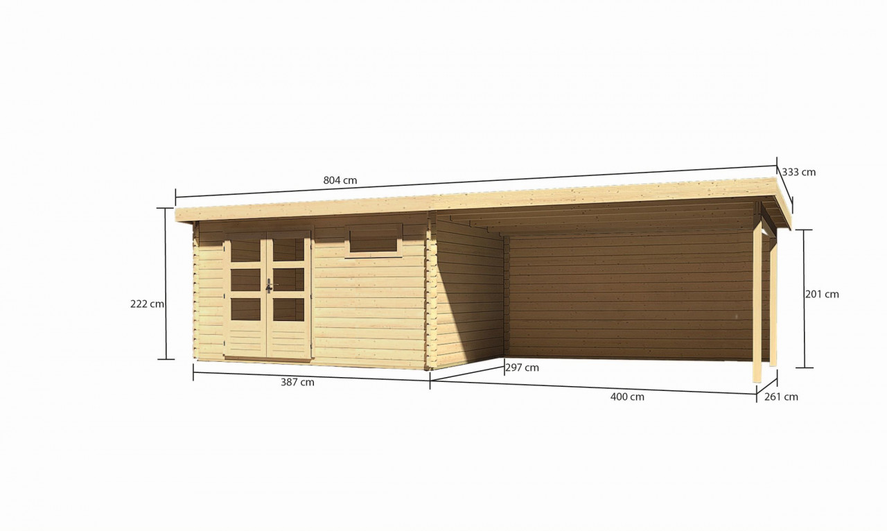 Gartenhaus Holz BASTRUP 8 387 x 297 m 28 mm Blockbohlenhaus Naturbelassen inkl. 400 m Anbaudach + Rückwand