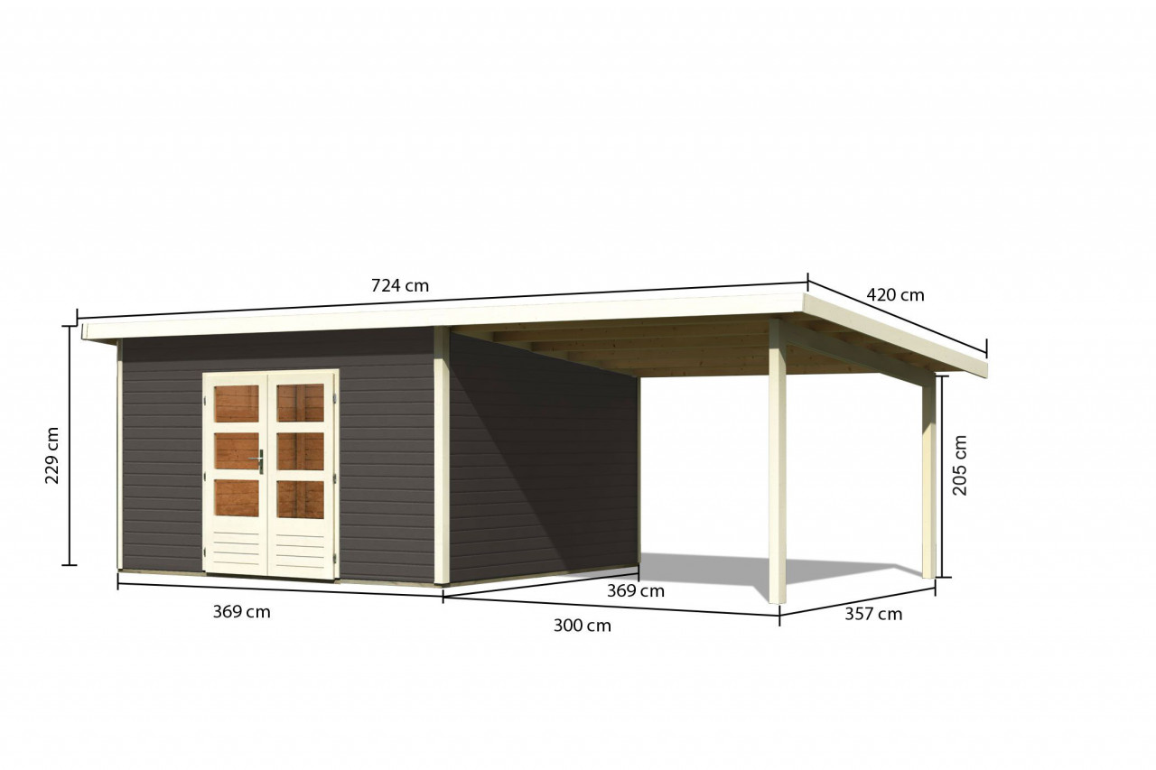 Karibu Gartenhaus Holz NORTHEIM 5 38 mm 369 x 369 m Terragrau inkl. 330 m Anbaudach 04-002-03-001-01925