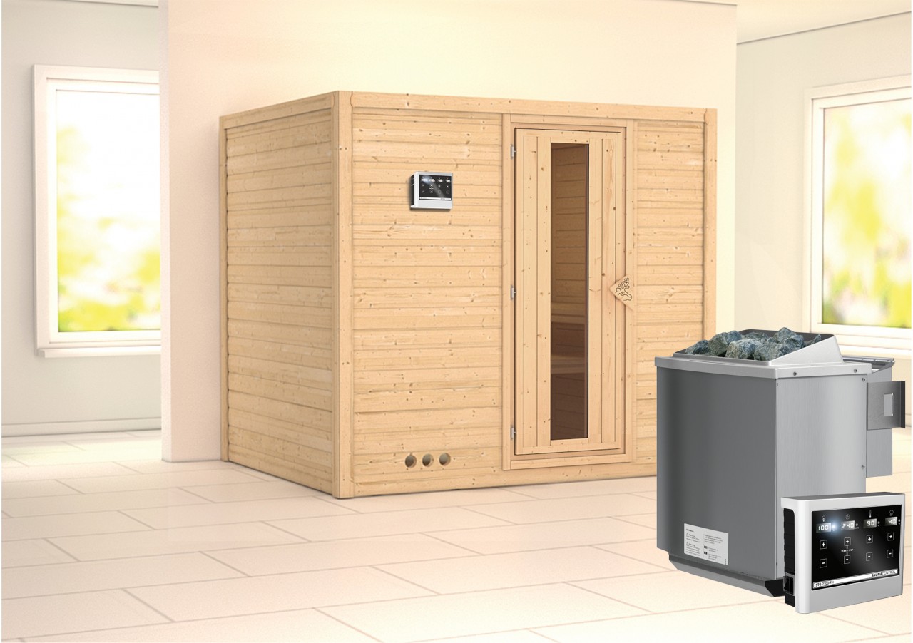 Massivholzsauna SONARA 231 x 196 m 38 mm 9.0 kW BioKombiofen inkl. Steuergerät ohne Dachkranz Energiespartür