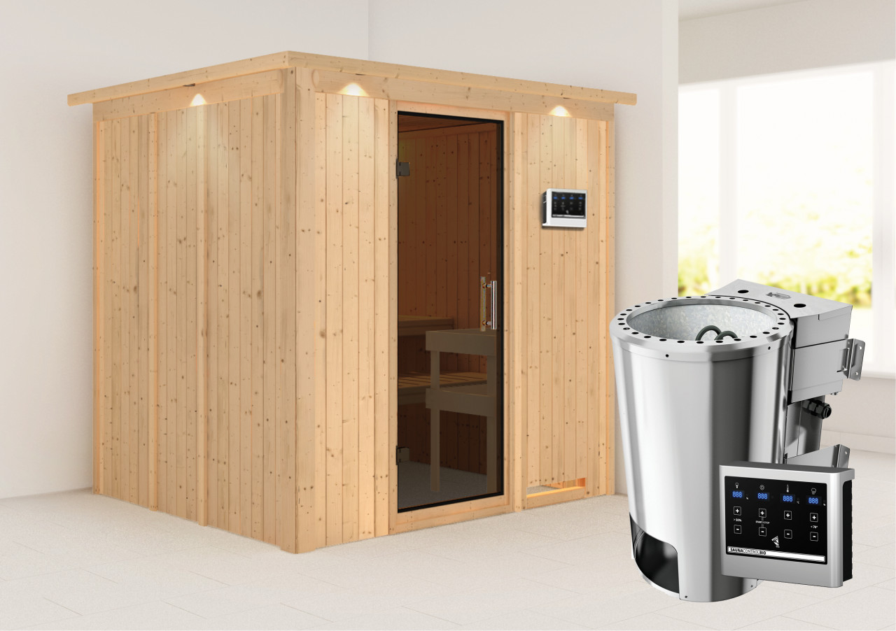 Sauna Innenkabine Daria Innensauna 2 Sitzbänke aus Holz in Naturbelassen Saunakabine Wandstärke 68 mm Inklusive Ofen Infrarotsauna - Naturbelassen