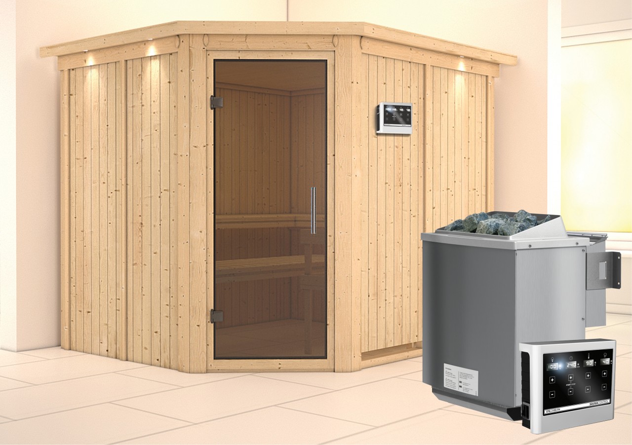 Sauna MALIN 231 x 196 m 9.0 kW BioKombiofen inkl. Steuergerät mit Dachkranz Ganzglastür graphit