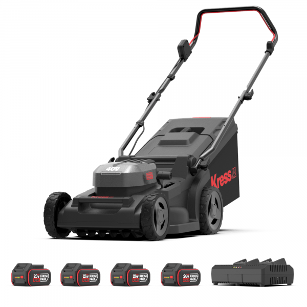Akku-Rasenmäher 41 cm KG748 - 40 V Mähgerät Komplett-Set mit 4 Akku + 1 Doppelladegerät