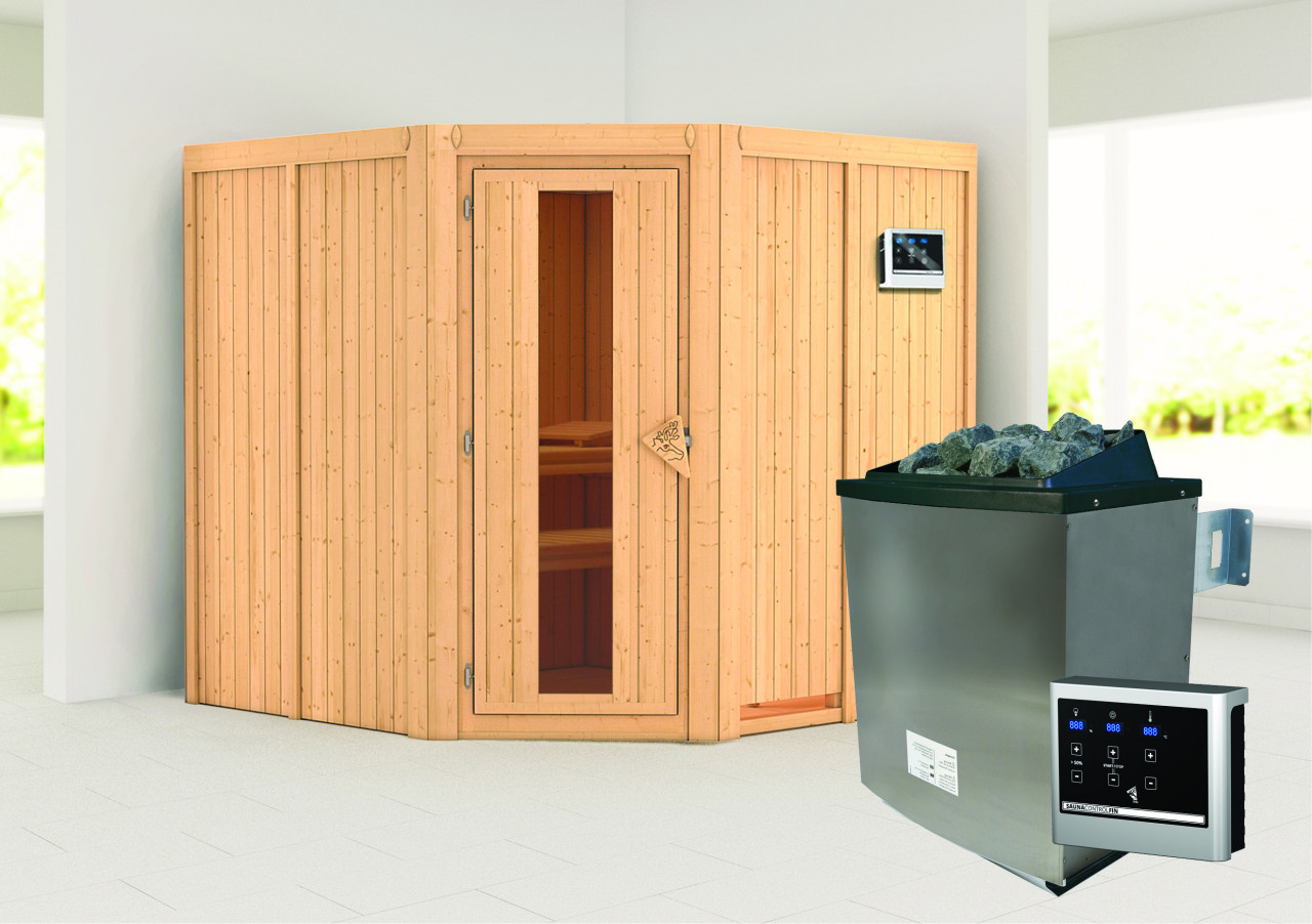Sauna JARIN 196 x 196 m 9.0 kW Ofen inkl. Steuergerät ohne Dachkranz Energiespartür