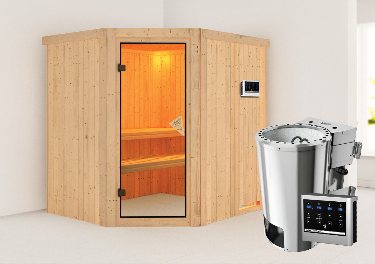 Sauna LILJA 196 x 170 m 3.6 kW BioKombiofen ext. Steuerung ohne Dachkranz Ganzglastür bronziert