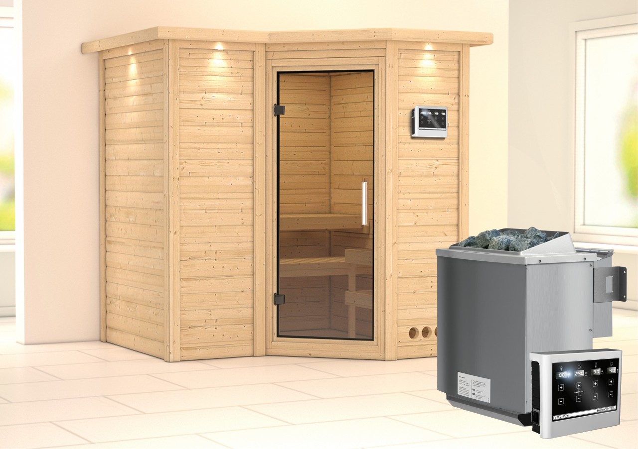 Massivholzsauna SAHIB 1 193 x 184 m 40 mm 9.0 kW BioKombiofen inkl. Steuergerät mit Dachkranz Ganzglastür Klarglas