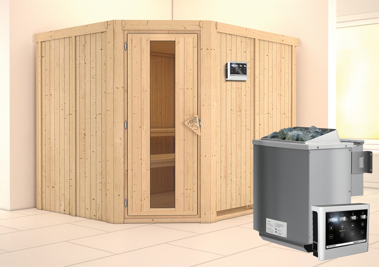 Sauna MALIN 231 x 196 m 9.0 kW BioKombiofen inkl. Steuergerät ohne Dachkranz Energiespartür