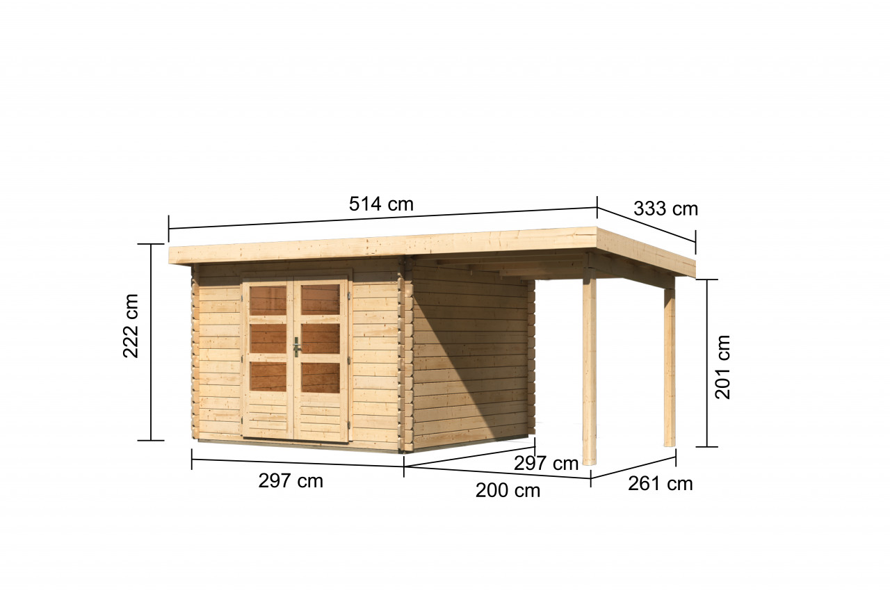 Gartenhaus Holz BASTRUP 5 297 x 297 m 28 mm Blockbohlenhaus Naturbelassen inkl. 200 m Anbaudach