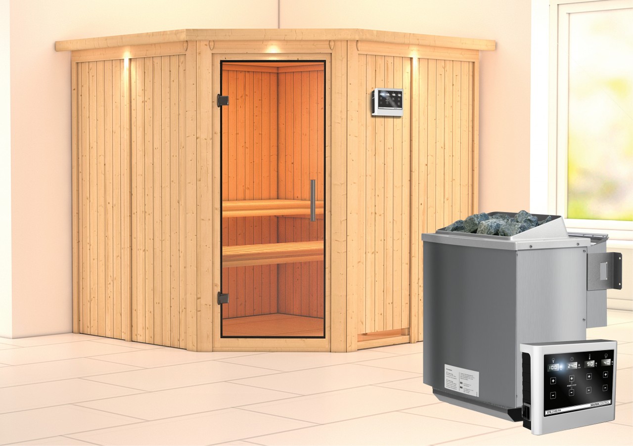 Sauna JARIN 196 x 196 m 9.0 kW BioKombiofen inkl. Steuergerät mit Dachkranz Ganzglastür Klarglas