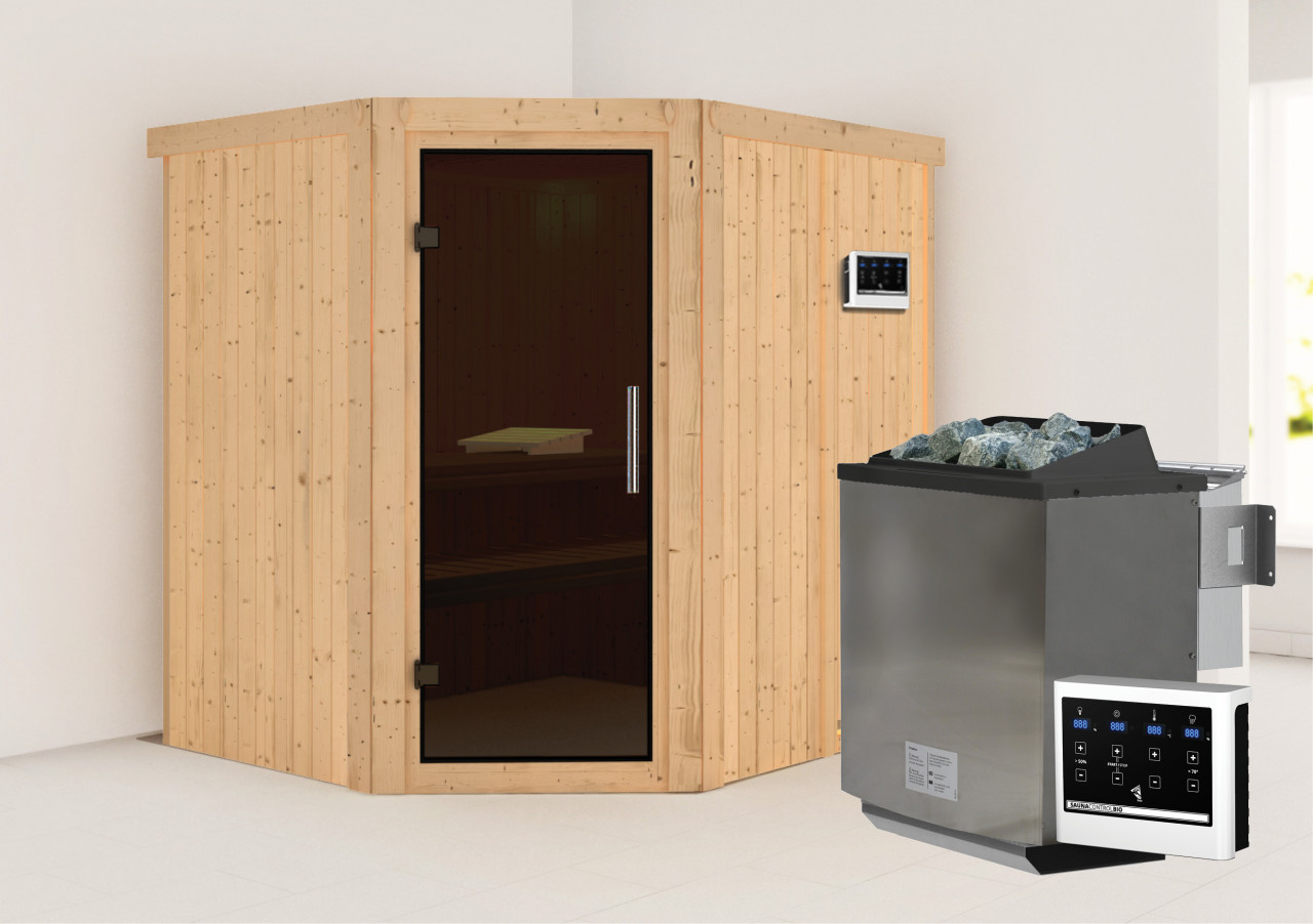 Sauna SIIRIN 196 x 17 m 9.0 kW BioKombiofen inkl. Steuergerät ohne Dachkranz Ganzglastür graphit