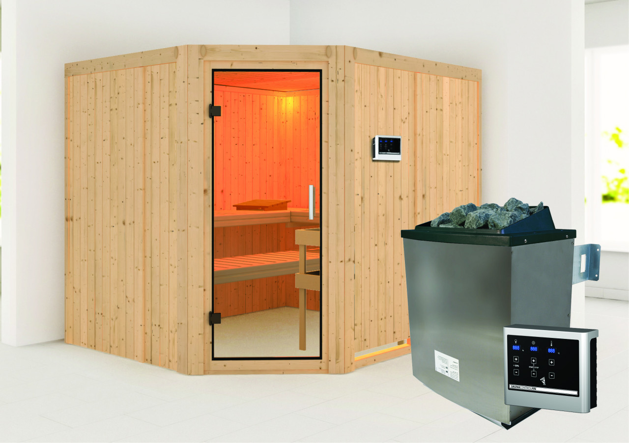 Sauna MALIN 231 x 196 m 9.0 kW Ofen inkl. Steuergerät ohne Dachkranz Ganzglastür Klarglas