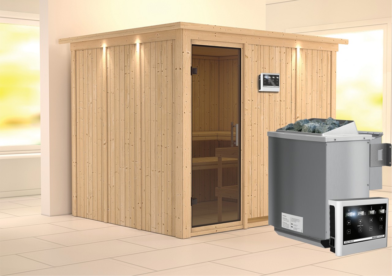 Sauna GOBIN 231 x 196 m 9.0 kW BioKombiofen inkl. Steuergerät mit Dachkranz Ganzglastür graphit