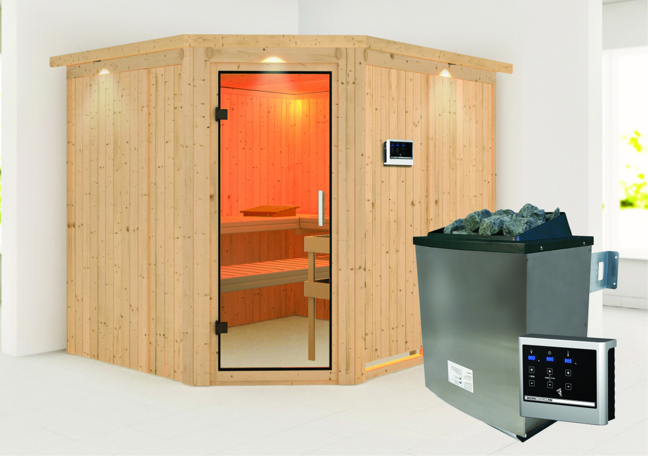 Sauna MALIN 231 x 196 m 9.0 kW Ofen inkl. Steuergerät mit Dachkranz Ganzglastür Klarglas