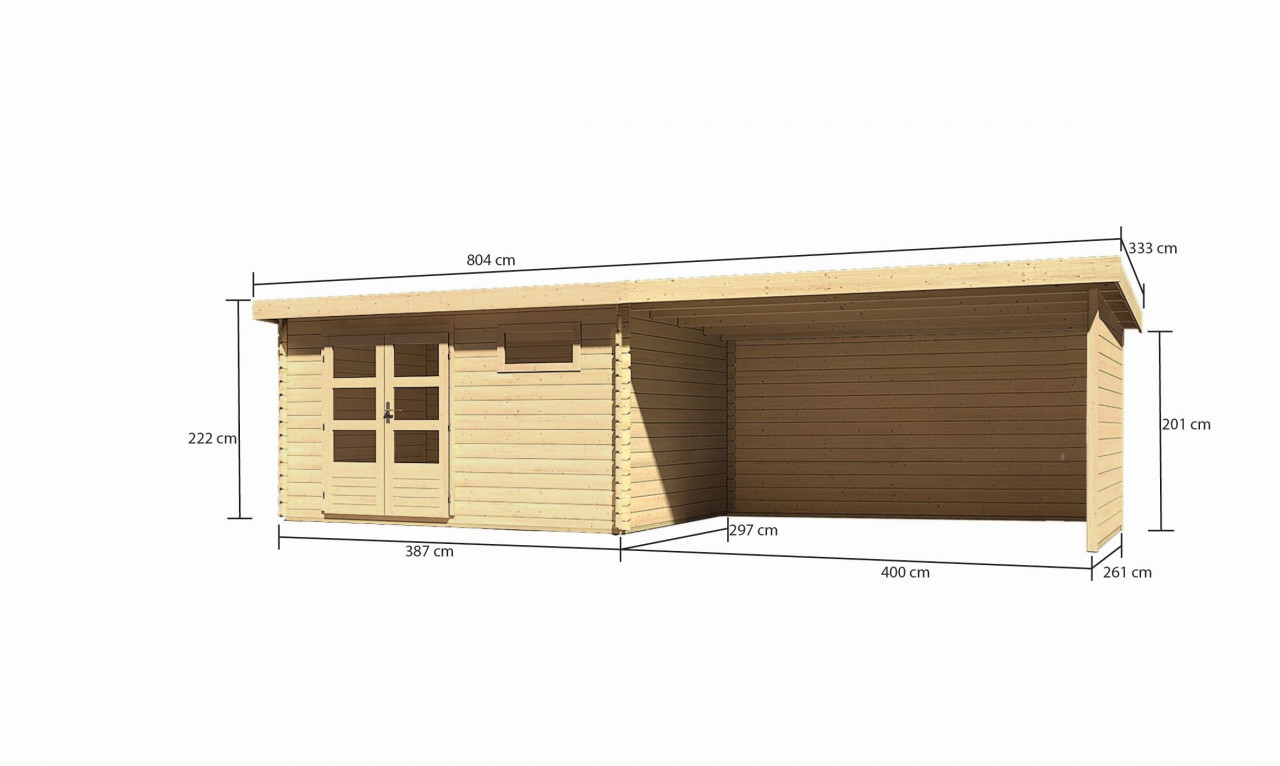 Gartenhaus Holz BASTRUP 8 387 x 297 m 28 mm Blockbohlenhaus Naturbelassen inkl. 400 m Anbaudach + Rück und Seitenwand