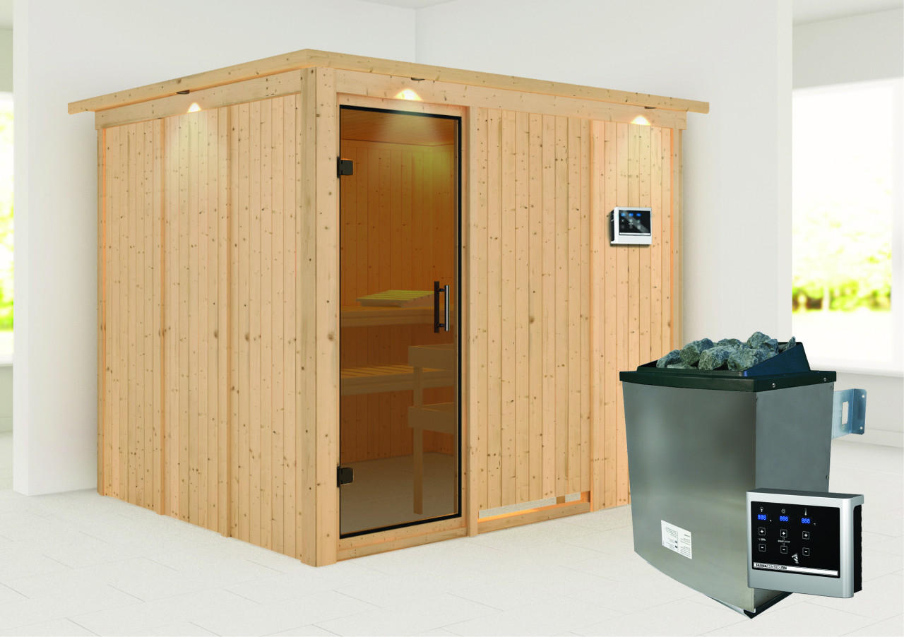 Sauna GOBIN 231 x 196 m 9.0 kW Ofen inkl. Steuergerät mit Dachkranz Ganzglastür graphit