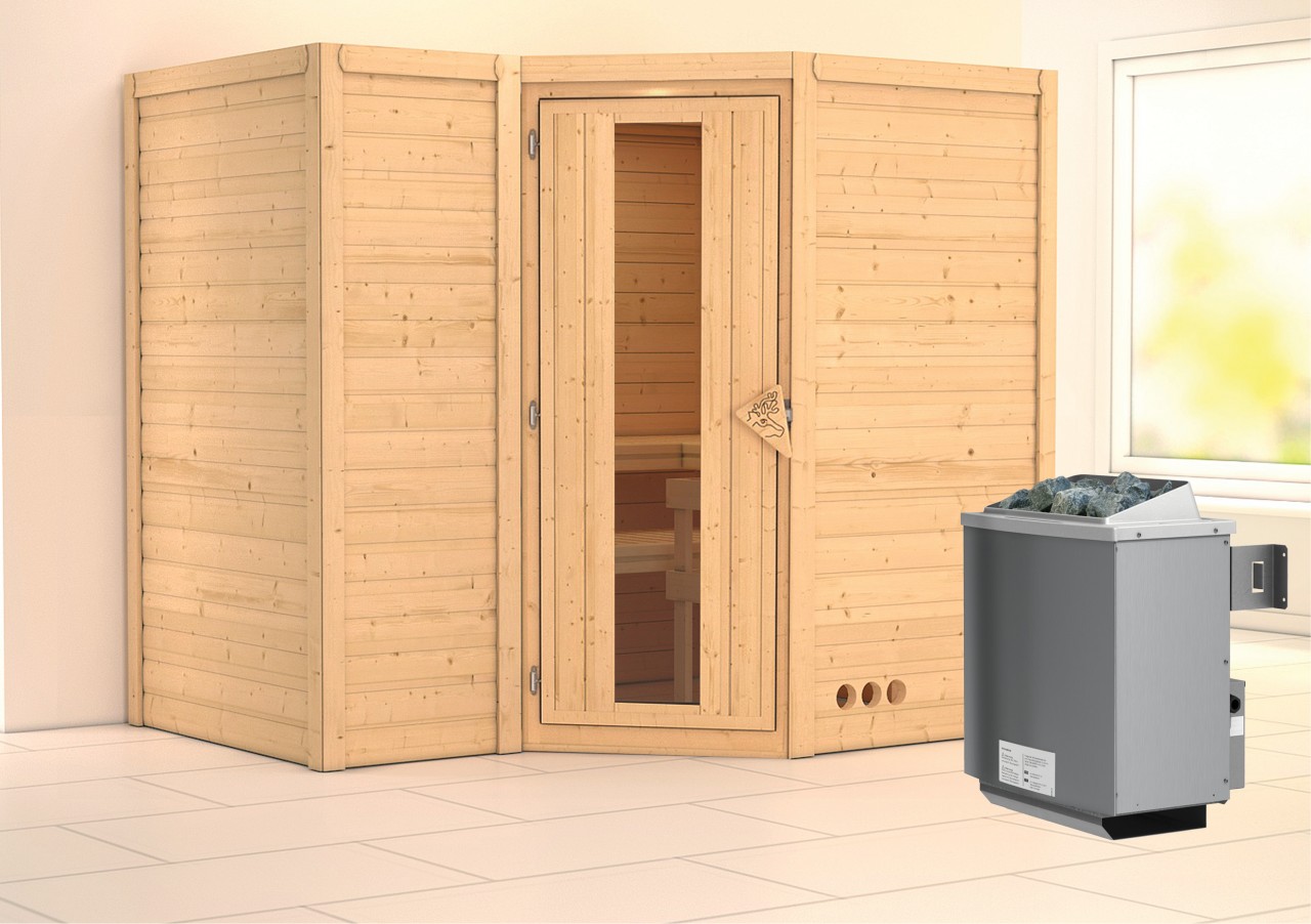 Massivholzsauna SAHIB 2 236 x 184 m 40 mm 9.0 kW Ofen integr. Steuerung ohne Dachkranz Energiespartür