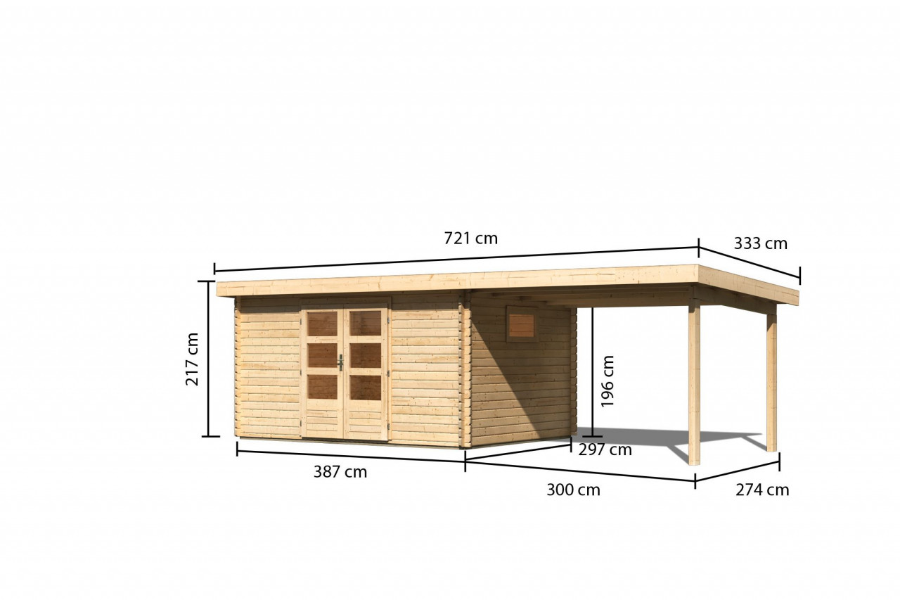Gartenhaus Holz TRITTAU 5 387 x 297 m 38 mm Blockbohlenhaus Naturbelassen inkl. 330 m Anbaudach