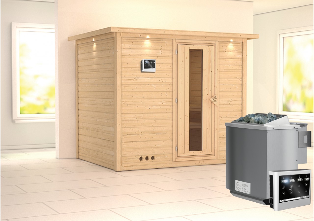 Massivholzsauna SONARA 231 x 196 m 38 mm 9.0 kW BioKombiofen inkl. Steuergerät mit Dachkranz Energiespartür