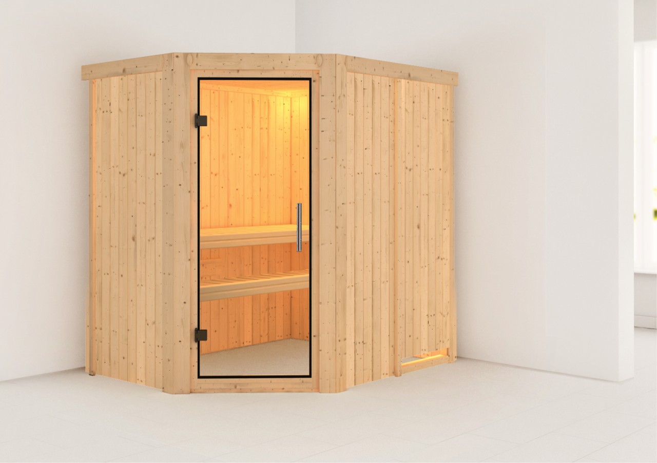 Karibu  Sauna SAJA 1,51 x 1,96 m  ohne Ofen ohne Dachkranz Klarglastür 85916