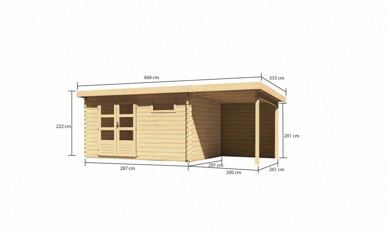 Gartenhaus Holz BASTRUP 8 387 x 297 m 28 mm Blockbohlenhaus Naturbelassen inkl. 200 m Anbaudach + Rückwand