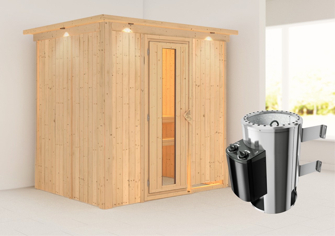 Sauna Innenkabine Fanja Innensauna 2 Sitzbänke aus Holz in Naturbelassen Saunakabine Wandstärke 68 mm Inklusive Ofen Infrarotsauna