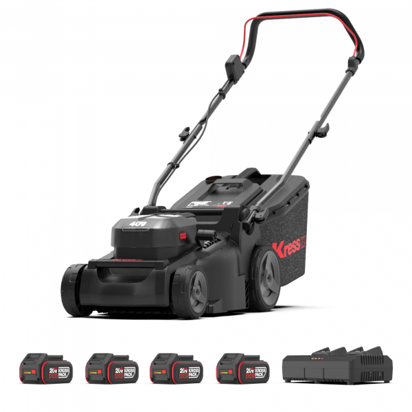 Akku-Rasenmäher 37 cm KG745 - 40 V Mähgerät Komplett-Set mit 4 Akku + 1 Doppelladegerät