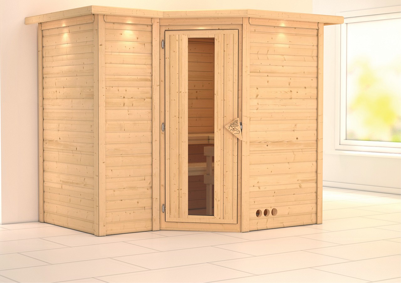 Karibu  Massivholzsauna SAHIB 2 2,36 x 1,84 m 40 mm  ohne Ofen mit Dachkranz Energiespartür 75878