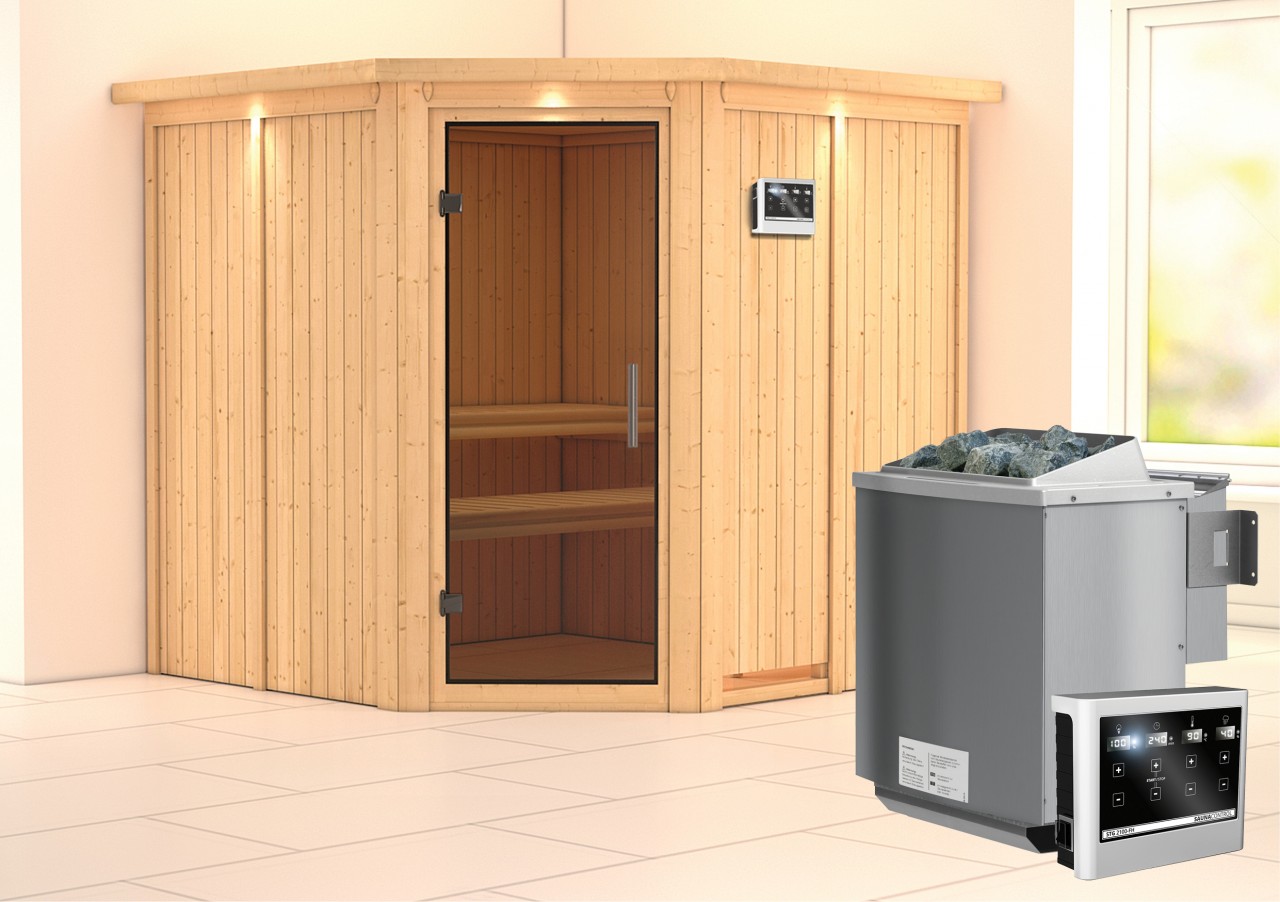 Sauna JARIN 196 x 196 m 9.0 kW BioKombiofen inkl. Steuergerät mit Dachkranz Ganzglastür graphit