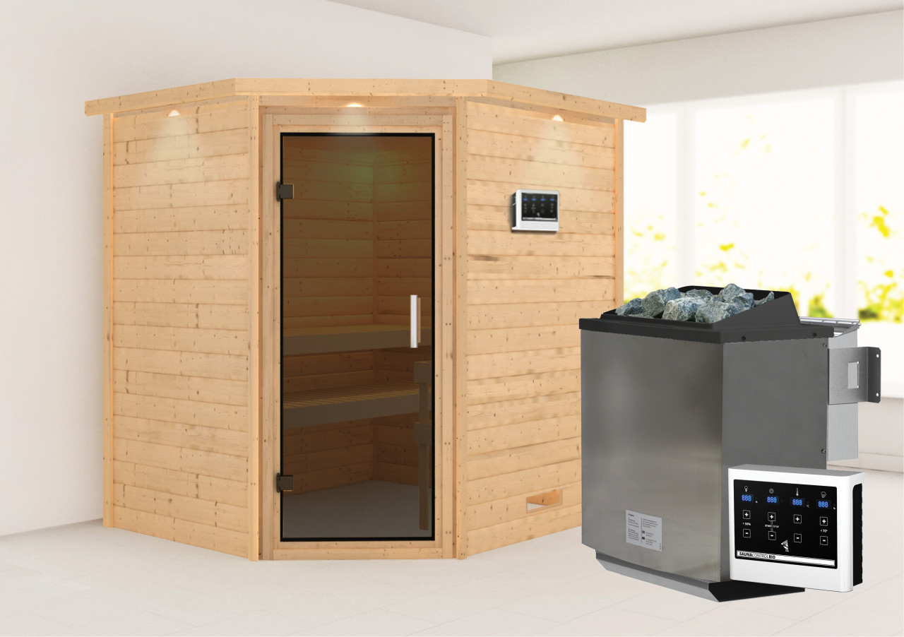 Karibu Sauna "Mia (Fronteinstieg)" Ofen 9 kW Bio externe Strg easy