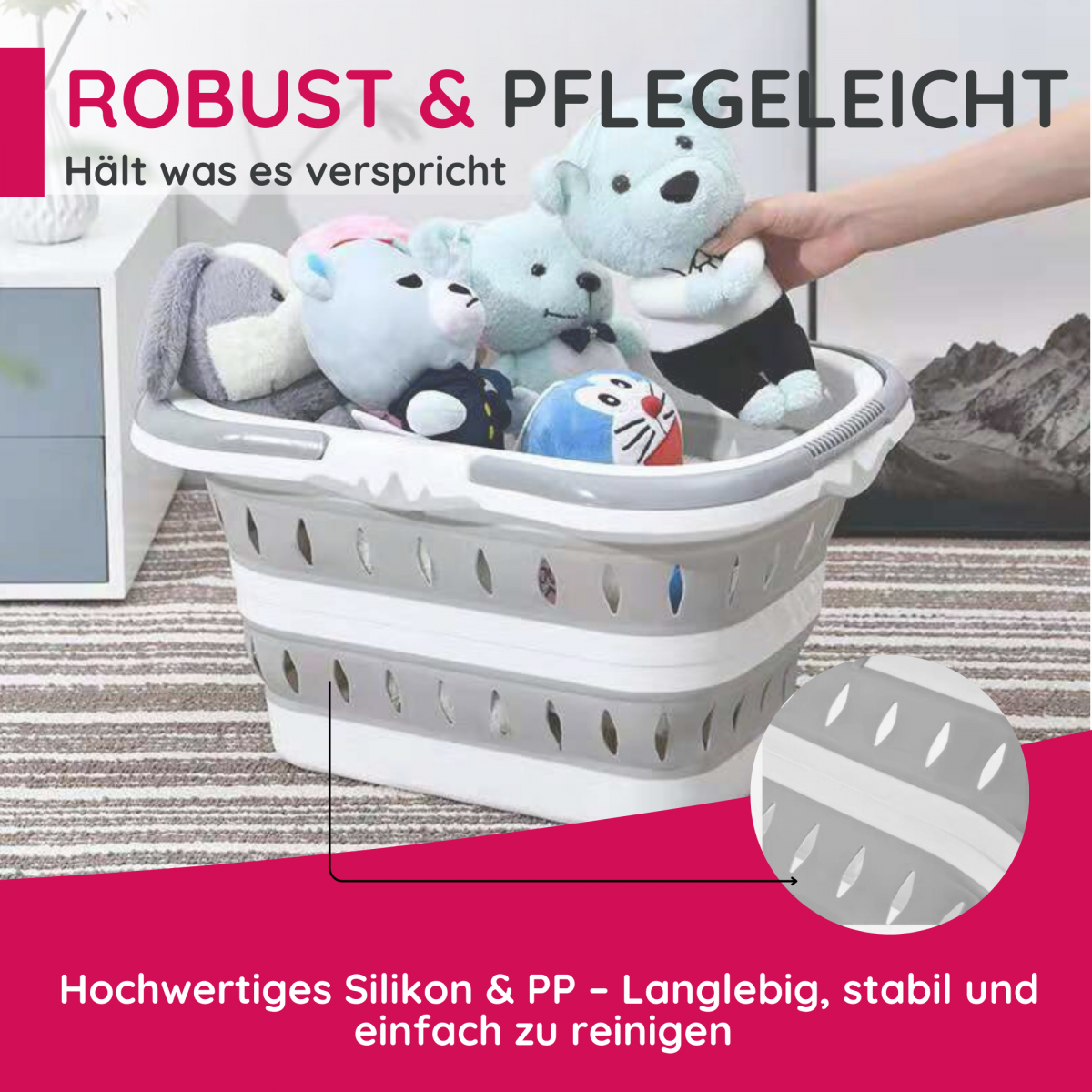 Faltkorb mit Tragegriffen 28L – Einkaufskorb & Aufbewahrungskorb aus Silikon & PP, platzsparend | Haushalt & Handwerk