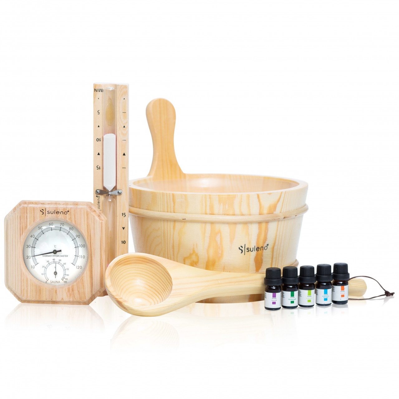 Sauna Zubehör Set 10teilig  Aufgusseimer mit Kelle Sanduhr Klimamesser & Duftkonzentrat