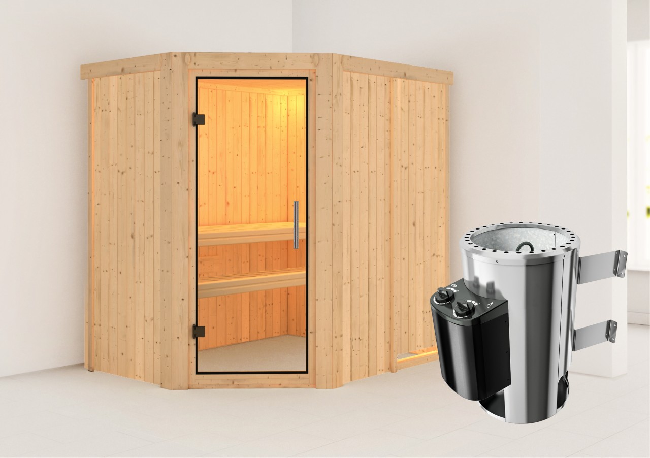 Karibu  Sauna SAJA 1,51 x 1,96 m  3.6 kW Ofen integr. Steuerung ohne Dachkranz Klarglastür 85918