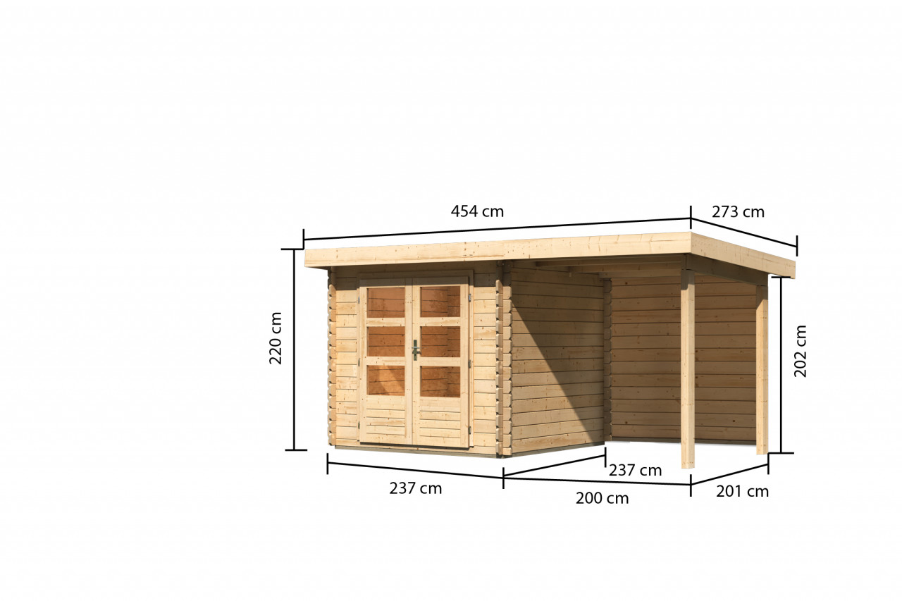 Karibu Gartenhaus "Schloßsee 2" mit Anbaudach und Rückwand