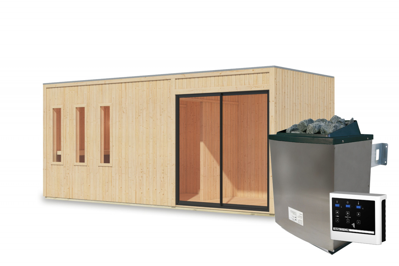 Saunahaus MONTEREY 574 x 2165 cm 73 mm mit Vorraum Naturbelassen 9.0 kW Ofen inkl. Steuergerät