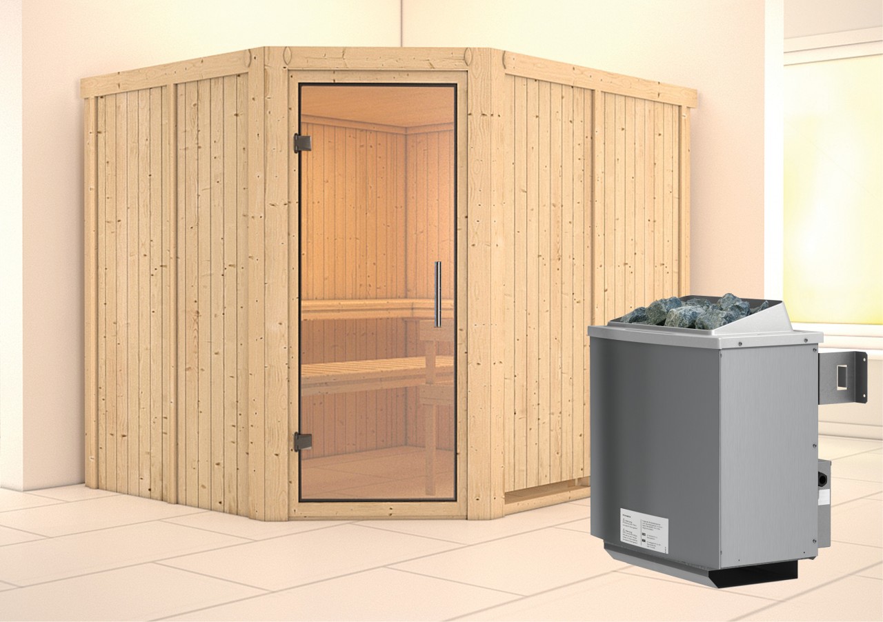 Sauna MALIN 231 x 196 m 9.0 kW Ofen integr. Steuerung ohne Dachkranz Ganzglastür Klarglas