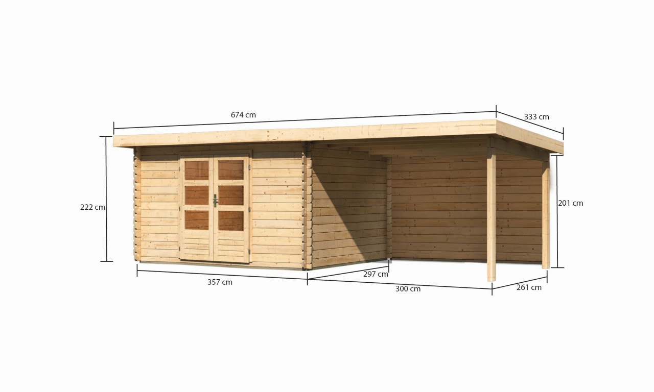 Karibu Gartenhaus "Schloßsee 7" mit Anbaudach und Rückwand