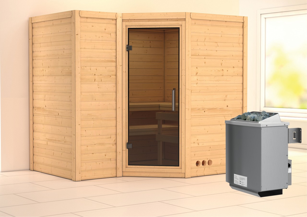 Sauna Innenkabine Sahib Innensauna 3 Sitzbänke aus Holz  Saunakabine mit 40 mm Wandstärke Infrarotsauna - Naturbelassen - Karibu