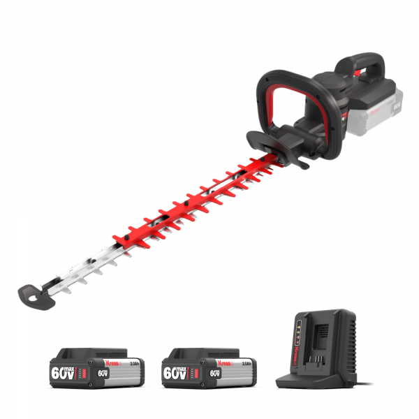 Akku-Heckenscherre 63 cm KG262 - 60 V Strauchscherren Komplett-Set mit 2 Akkus + 1 Doppelladegerät