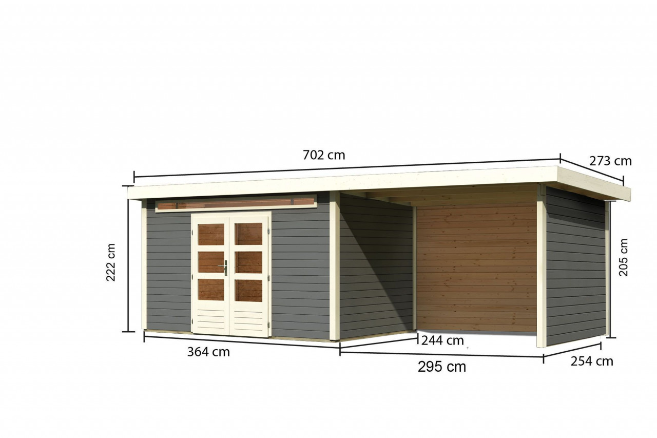 Gartenhaus Holz KANDERN 7 364 x 244 m 28 mm Flachdachhaus Terragrau inkl. 320 m Anbaudach + Rück und Seitenwand