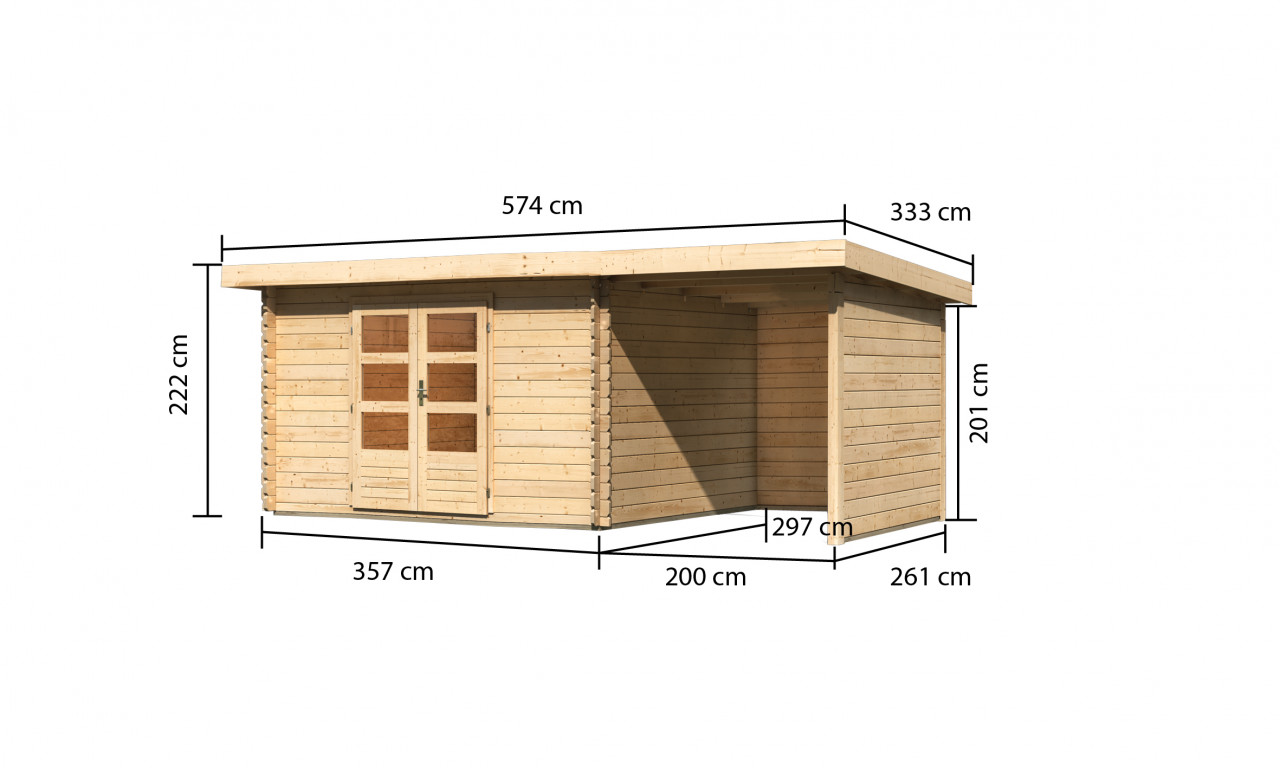 Gartenhaus Holz BASTRUP 7 357 x 297 m 28 mm Blockbohlenhaus Naturbelassen inkl. 200 m Anbaudach + Rück und Seitenwand