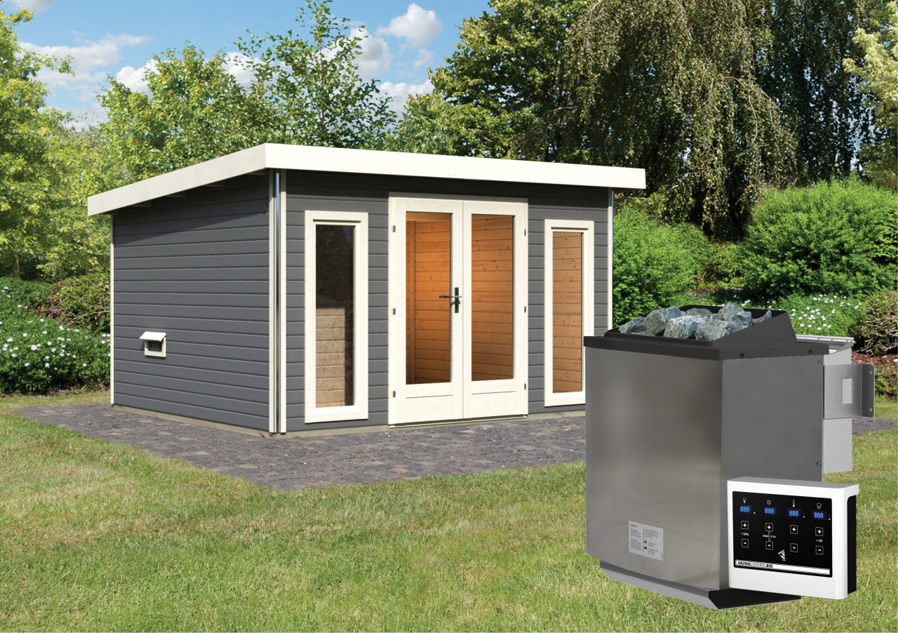 Saunahaus MAINBURG 2 369 x 309 m mit Vorraum Terragrau 9.0 kW BioKombiofen inkl. Steuergerät Set B  Sauna mit 3 Liegen 225 x 190 m