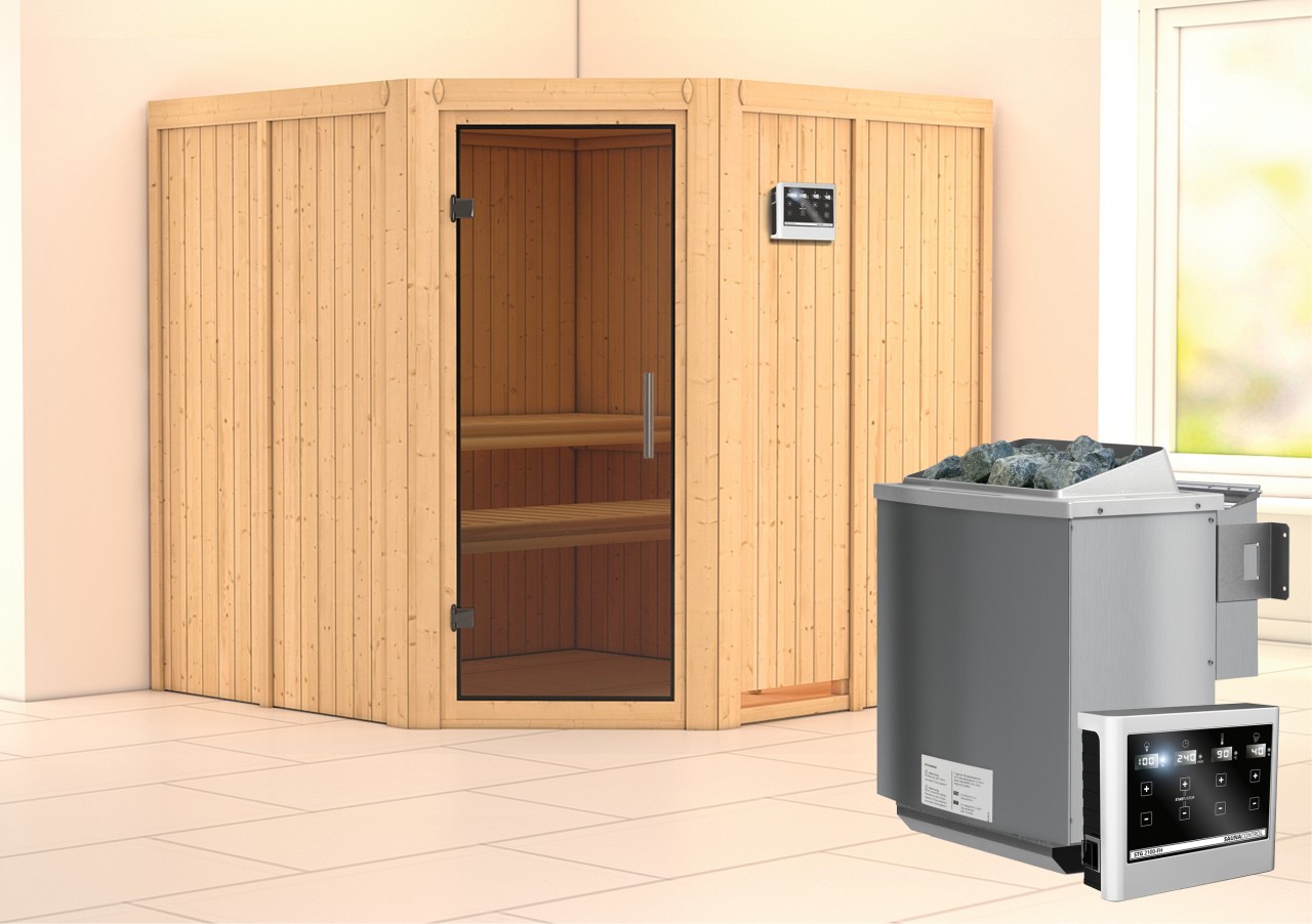 Sauna JARIN 196 x 196 m 9.0 kW BioKombiofen inkl. Steuergerät ohne Dachkranz Ganzglastür graphit